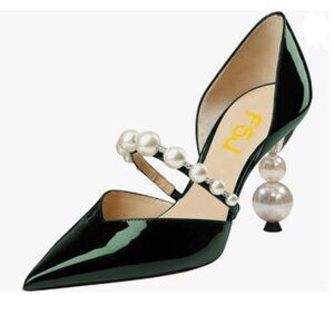 FSJ Green Pointed Toe Pearls Beaded High Heel Pumps Strappy Pearl D'Orsay Shoes